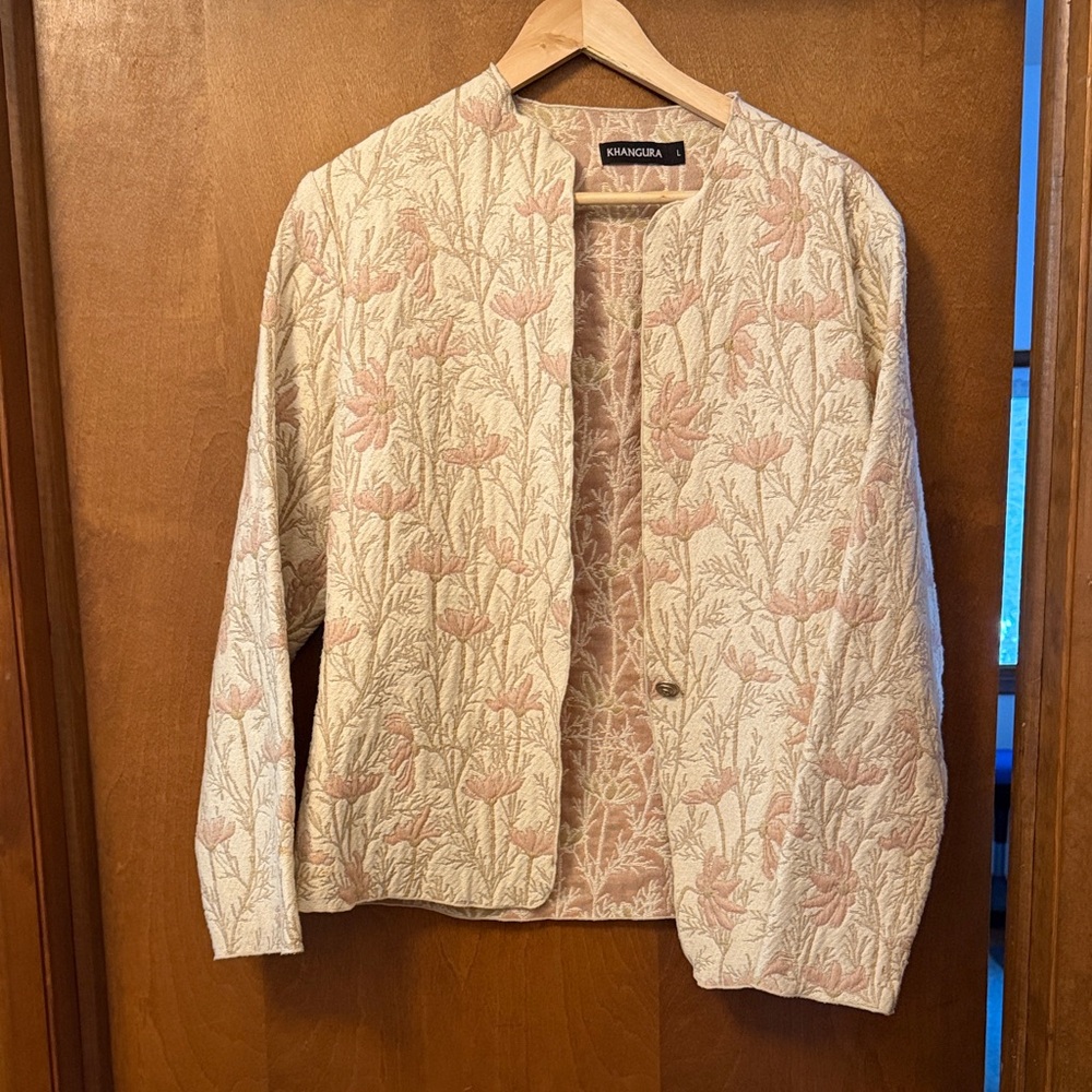 Khangura Women's Cream and Pink Floral Jacket